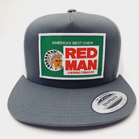 Red Man Woven Patch Flat Bill Trucker Mesh Snapback Cap Gray White - Picture 1 of 4